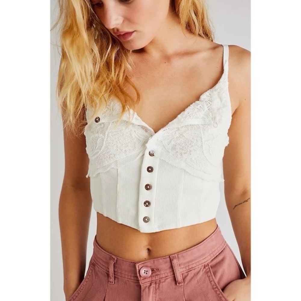 Free People Have My Heart White Lace Button-Front Crop Top